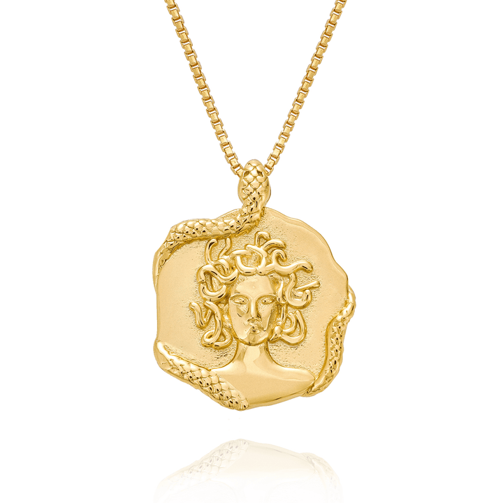 18k gold plated Medusa necklace with snake detail, Greek goddess pendant, bold luxury statement jewelry for women