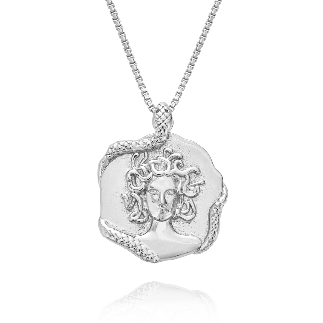 Silver Medusa necklace with snake detail, Greek goddess pendant, bold luxury statement jewellery for women