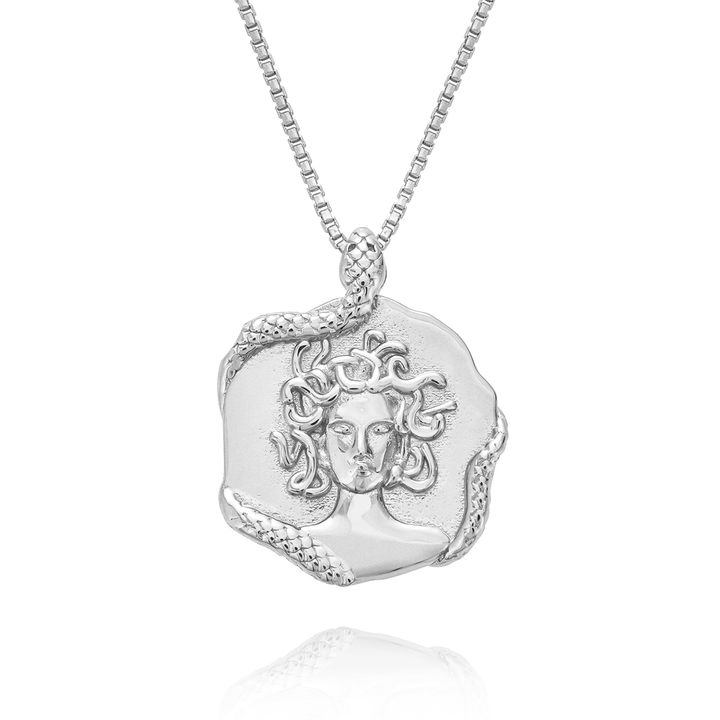 Silver Medusa necklace with snake detail, Greek goddess pendant, bold luxury statement jewellery for women