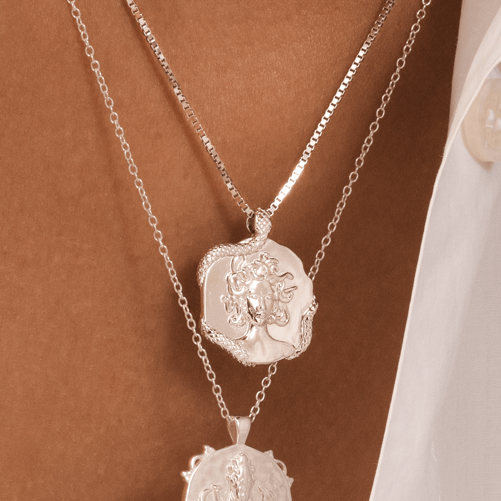 Medusa snake necklace silver and gold chain for women inspired by the Greek goddess by Rani & Co womens jewellery