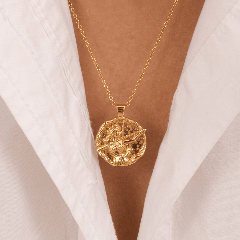 18k gold plated Artemis necklace, Greek goddess pendant with bow and arrow, mythological gold jewelry, statement necklace