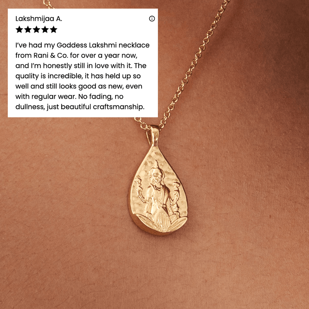 18K gold plated Lakshmi goddess pendant necklace on a lotus, teardrop coin charm, Hindu jewellery, Rani & Co.