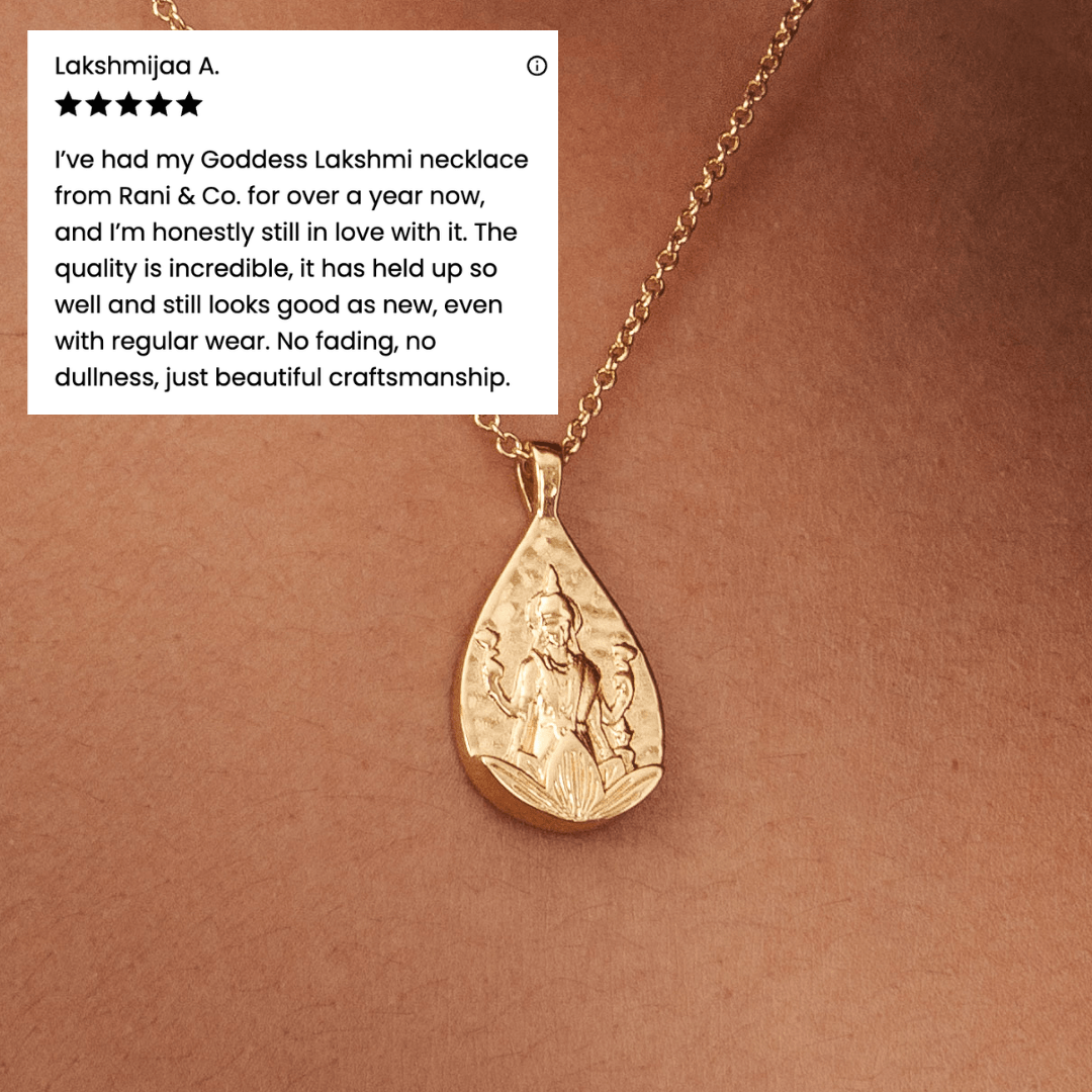 18K gold plated Lakshmi goddess pendant necklace on a lotus, teardrop coin charm, Hindu jewellery, Rani & Co.