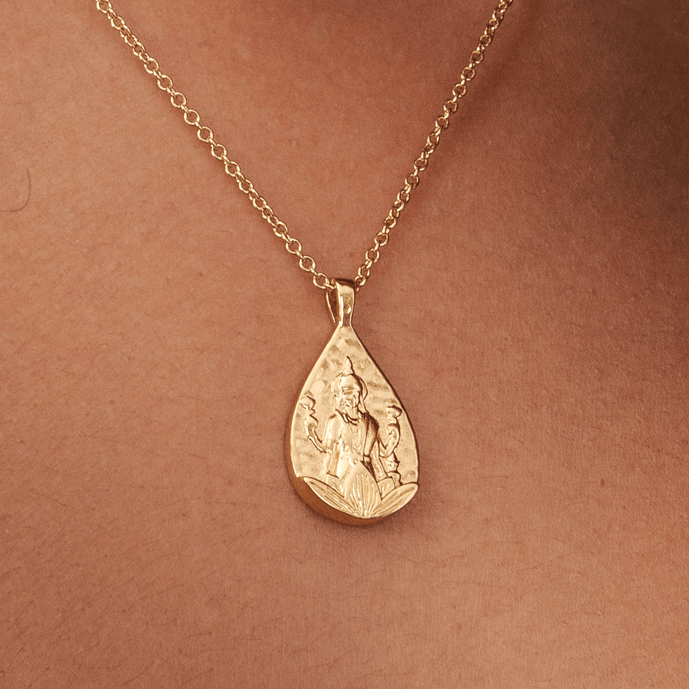 18K gold plated Lakshmi goddess pendant necklace on a lotus, teardrop coin charm, Hindu jewellery, Rani & Co.