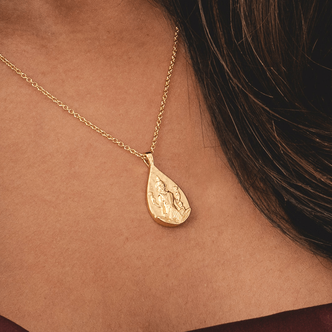 18K gold plated Hindu goddess necklace, Lakshmi lotus pendant, spiritual jewellery for women, Rani & Co.
