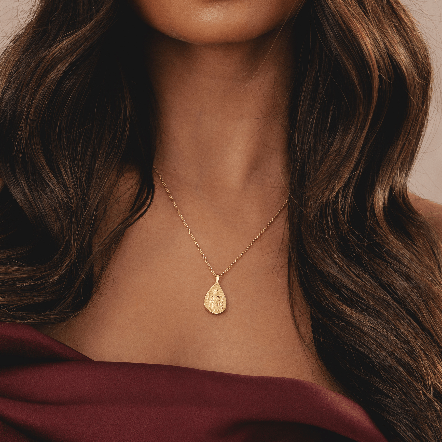 Gold Lakshmi coin pendant necklace 18K plated, embossed Hindu goddess lotus charm, women's jewellery, Rani & Co.