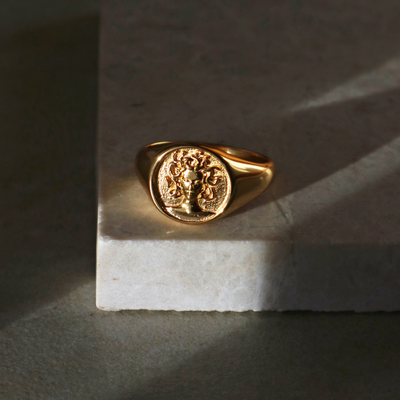 Gold Medusa Signet Ring: Elegant women's accessory with intricate design