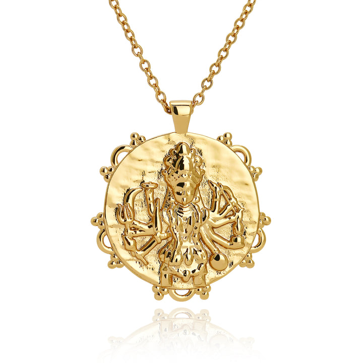 Gold pendant necklace featuring Hindu goddess Kali in 18k plated finish by Rani and Co womens jewellery