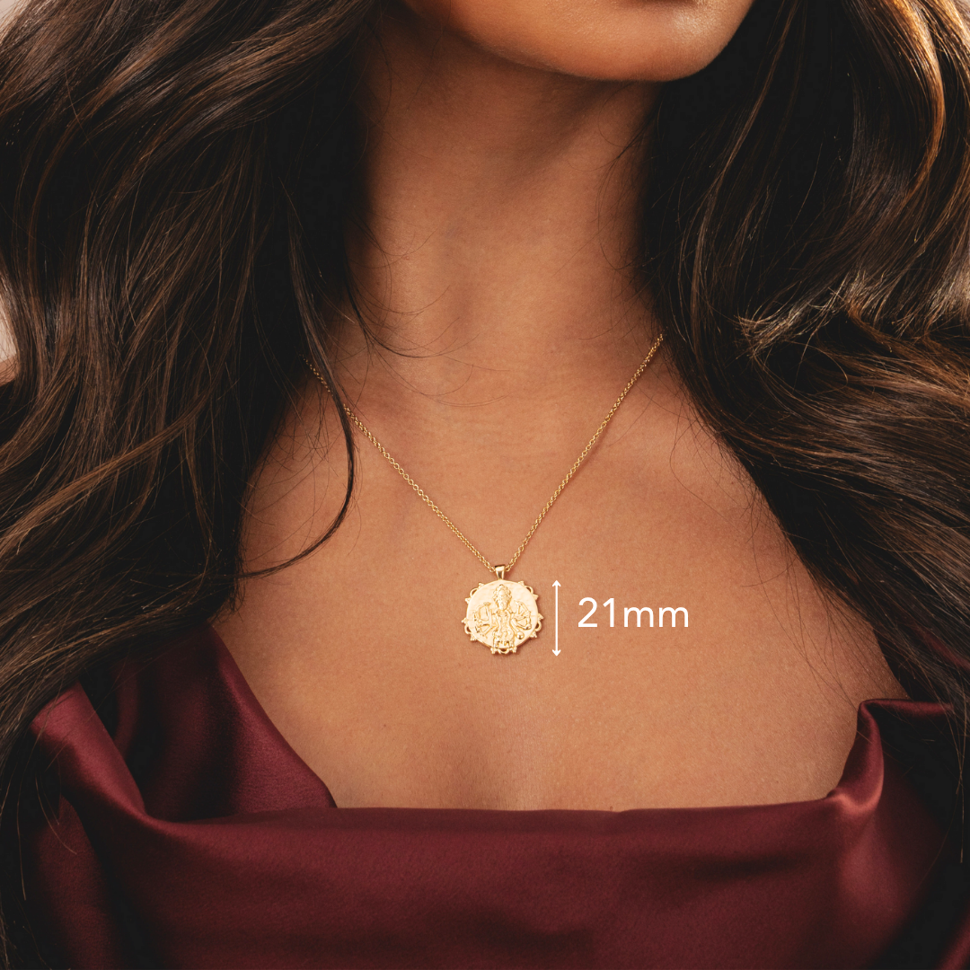 Gold pendant necklace featuring Hindu goddess Kali in 18k plated finish by Rani and Co womens jewellery