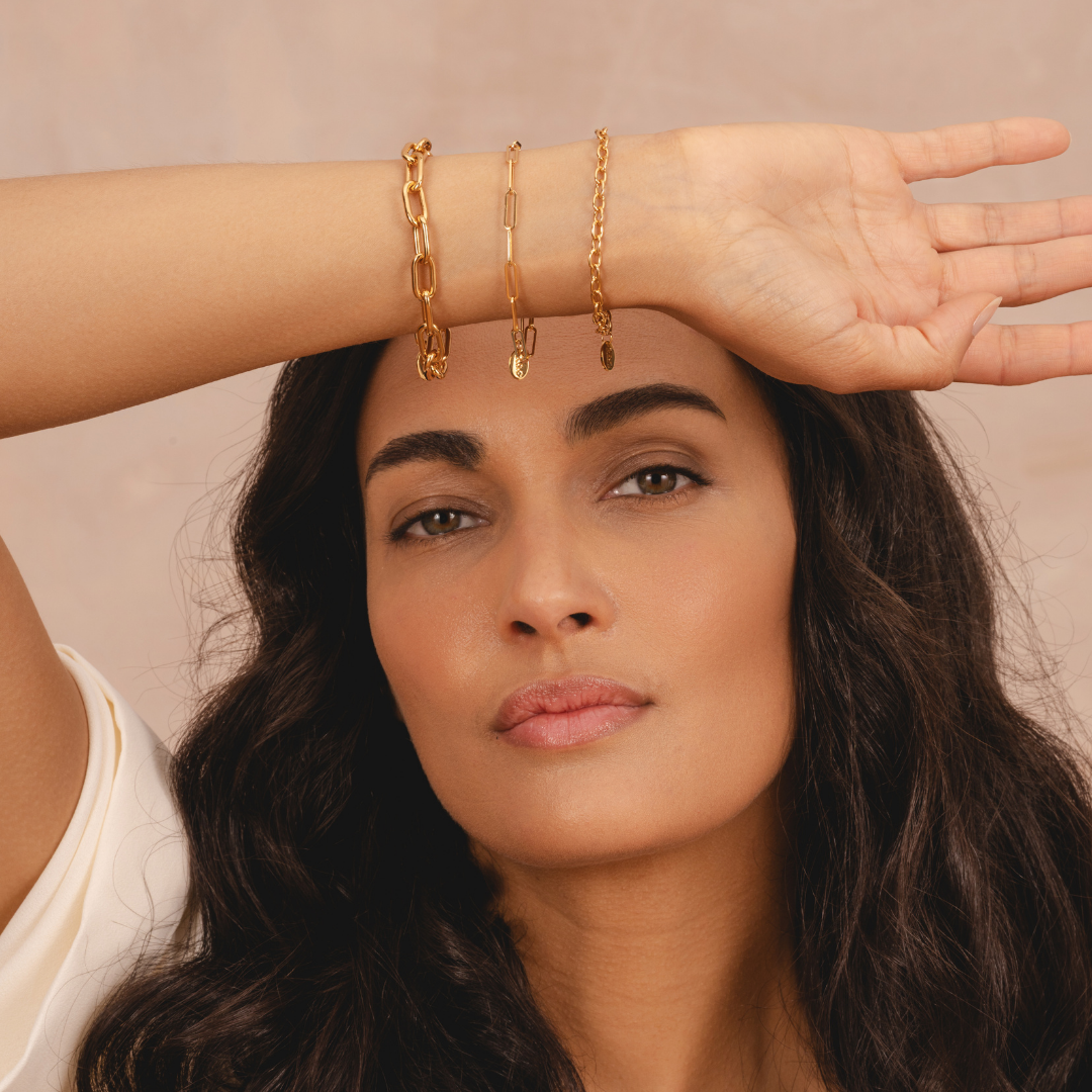 Gold chain link bracelet ideal for layering or wearing as a charm bracelet by Rani and co jewellery 