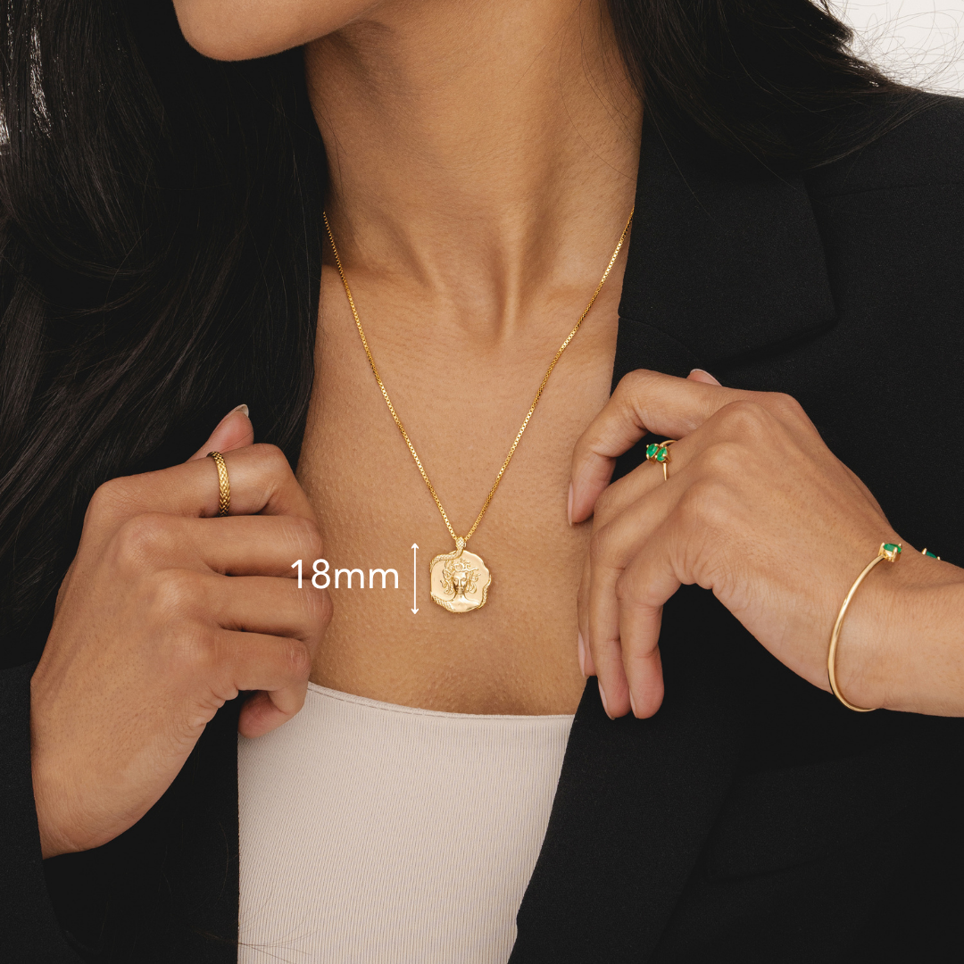 Womens jewellery by Rani and Co with a Medusa necklace in 18k gold plated finish inspired by Greek mythology