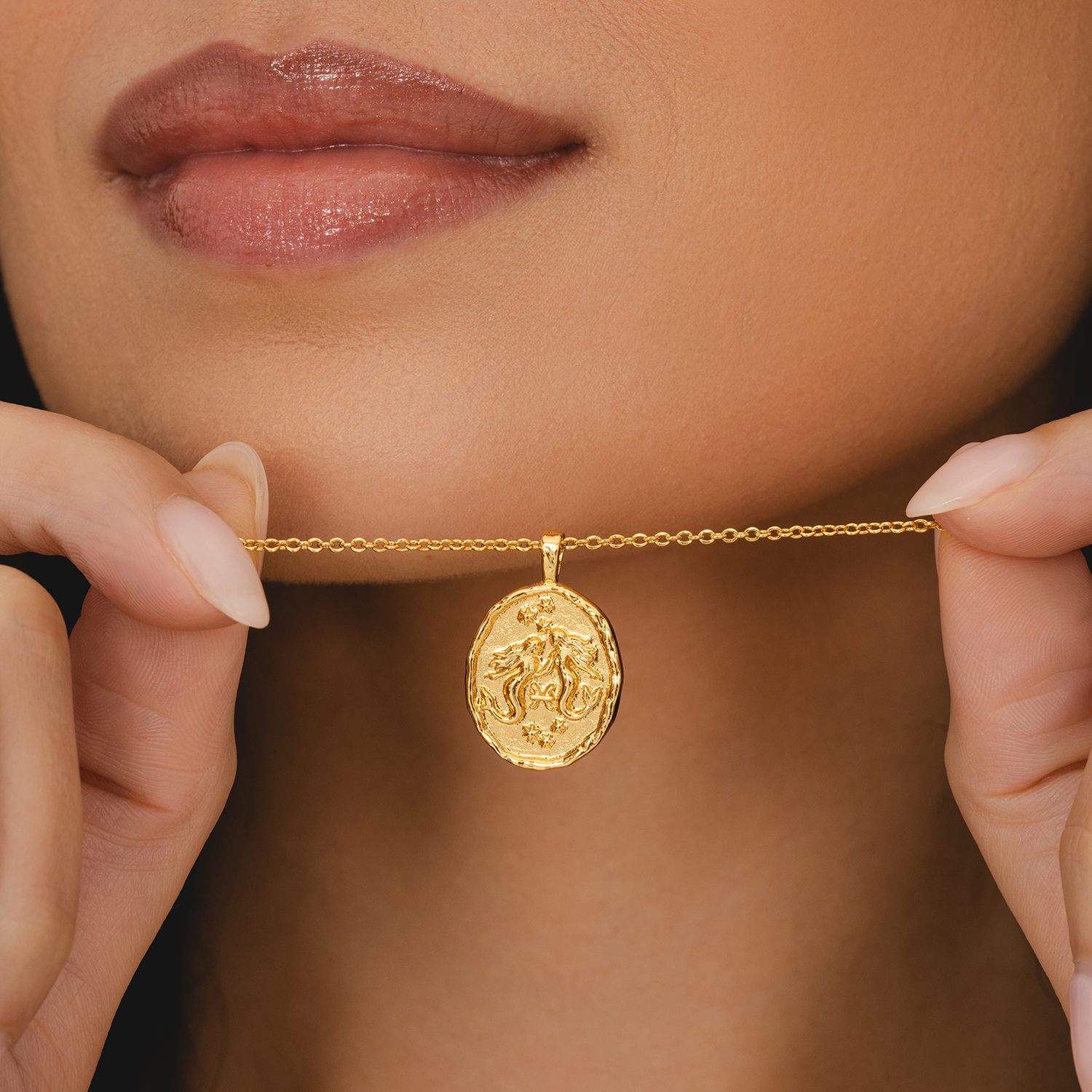 Rani & Co. gold plated Pisces astrology necklace, vintage coin medallion with mermaid charm