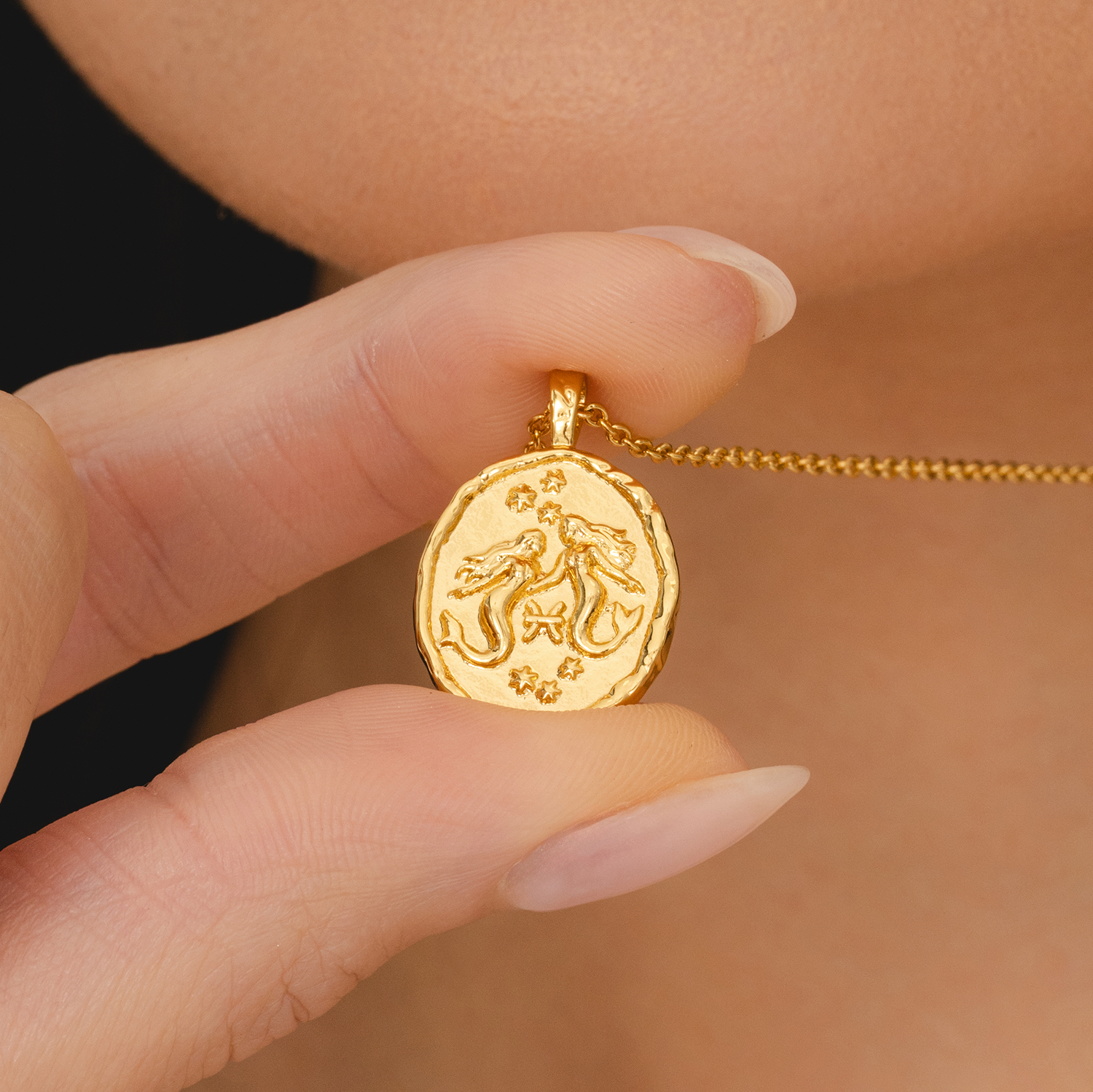 Rani & Co. 18k gold Pisces zodiac medallion pendant, mermaid and constellation design