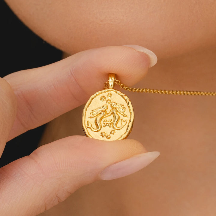 Rani & Co. 18k gold Pisces zodiac medallion pendant, mermaid and constellation design