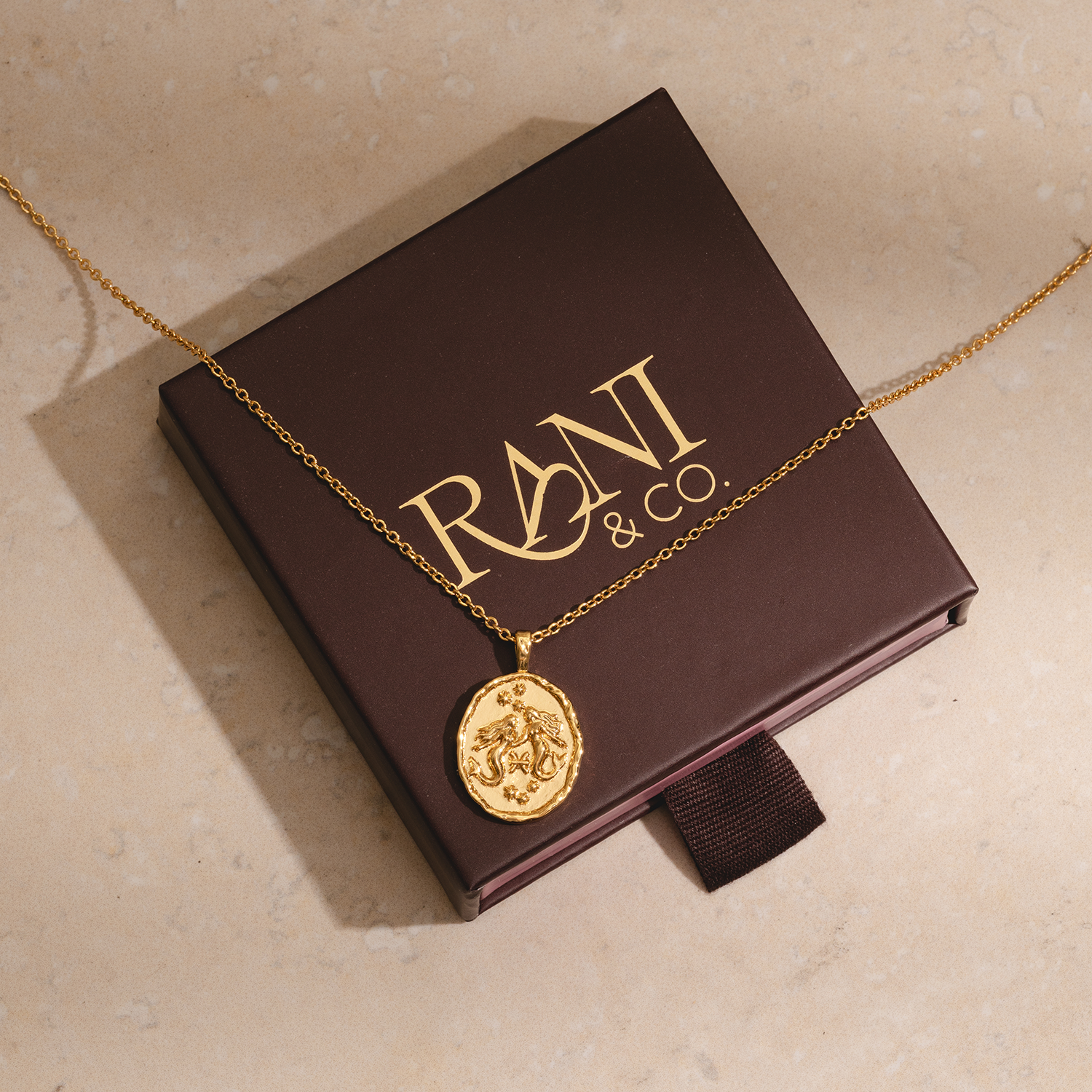 Rani & Co. Pisces zodiac necklace 18k gold plated, ancient coin-style mermaid and star motif