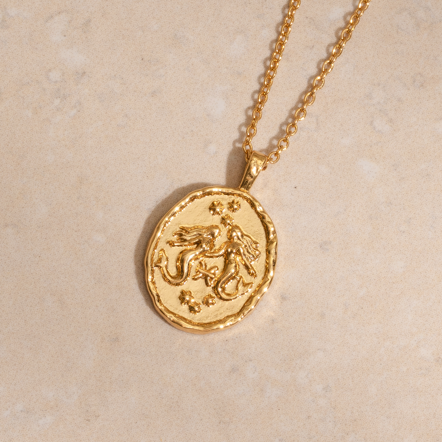 Rani & Co. Pisces zodiac coin necklace 18k gold plated, embossed mermaid and star constellation