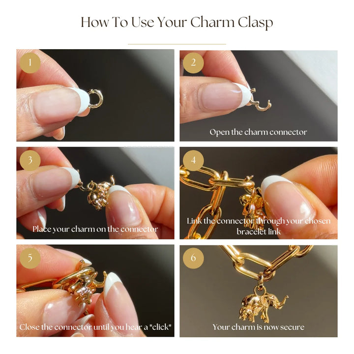 Step by step guide to using the charm connecter with 6 images, numbered with instructions on each image
