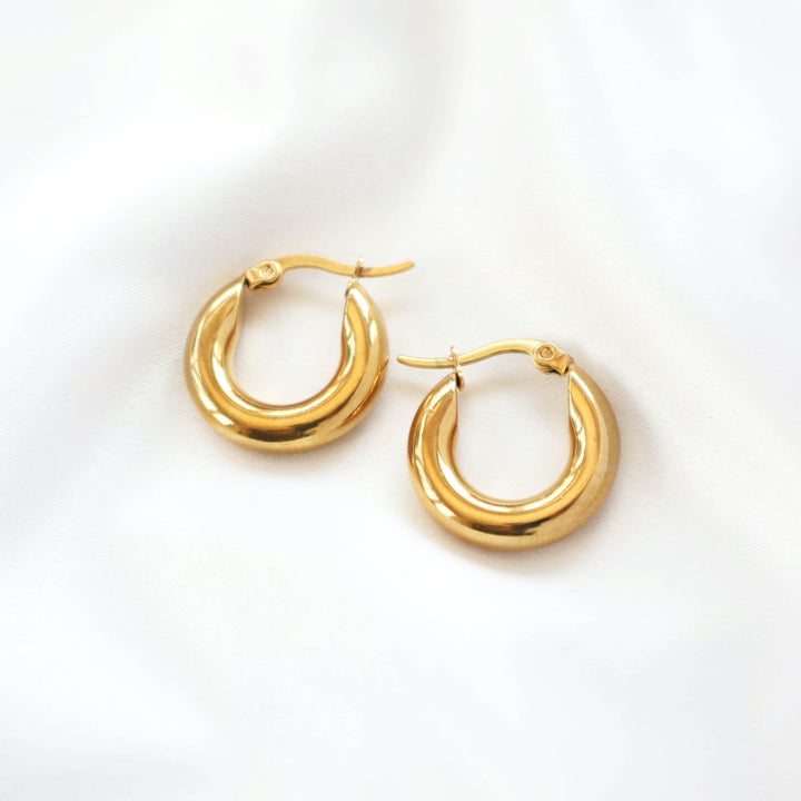 Water resistant gold hoop earrings made from 18k gold plated metal lightweight and stylish womens jewellery by Rani and Co