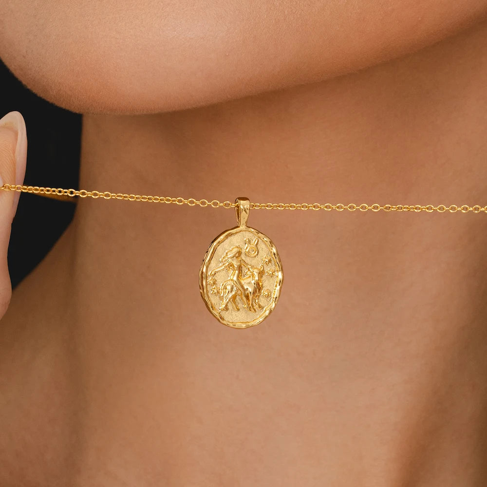 Rani & Co. Taurus zodiac necklace 18k gold plated, ancient coin-style pendant with bull motif