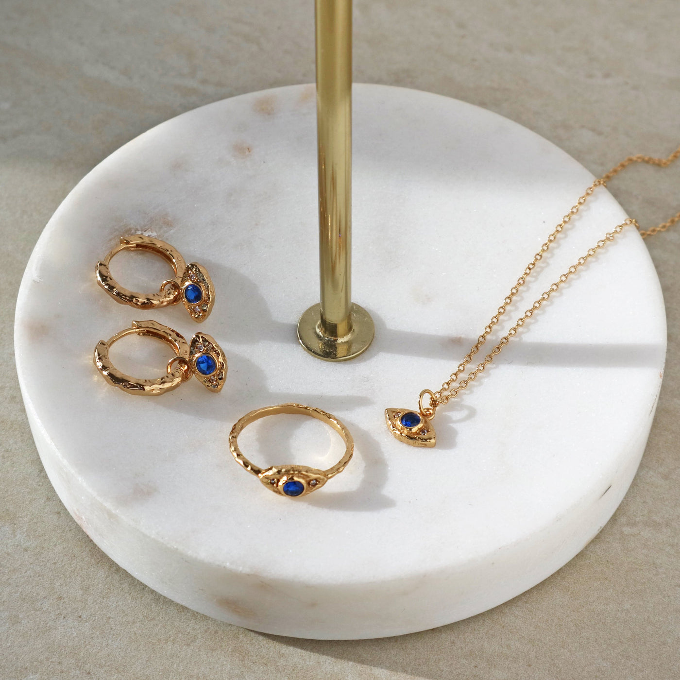 evil eye gold jewellery set, necklace, ring, hoop earrings, Rani & Co women's jewellery