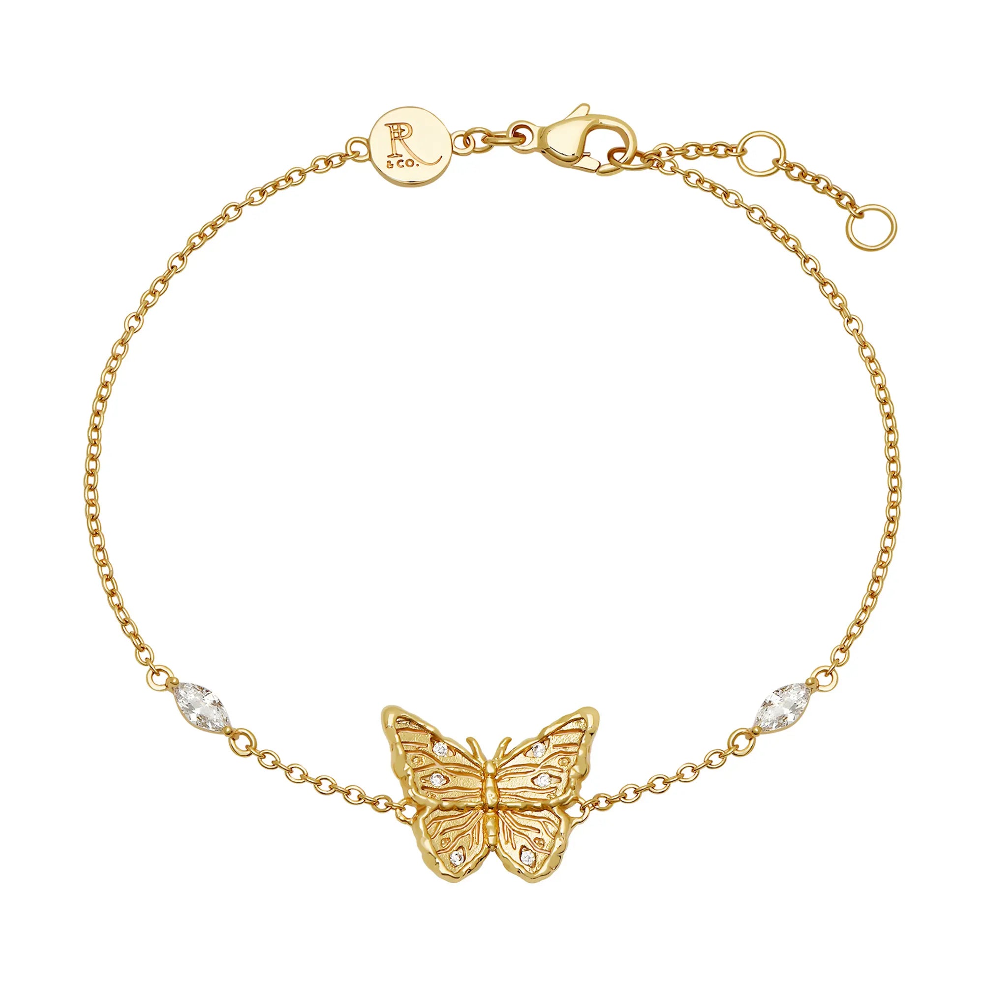 Gold butterfly charm bracelet with marquise cubic zirconia stones, 18k gold-plated recycled brass