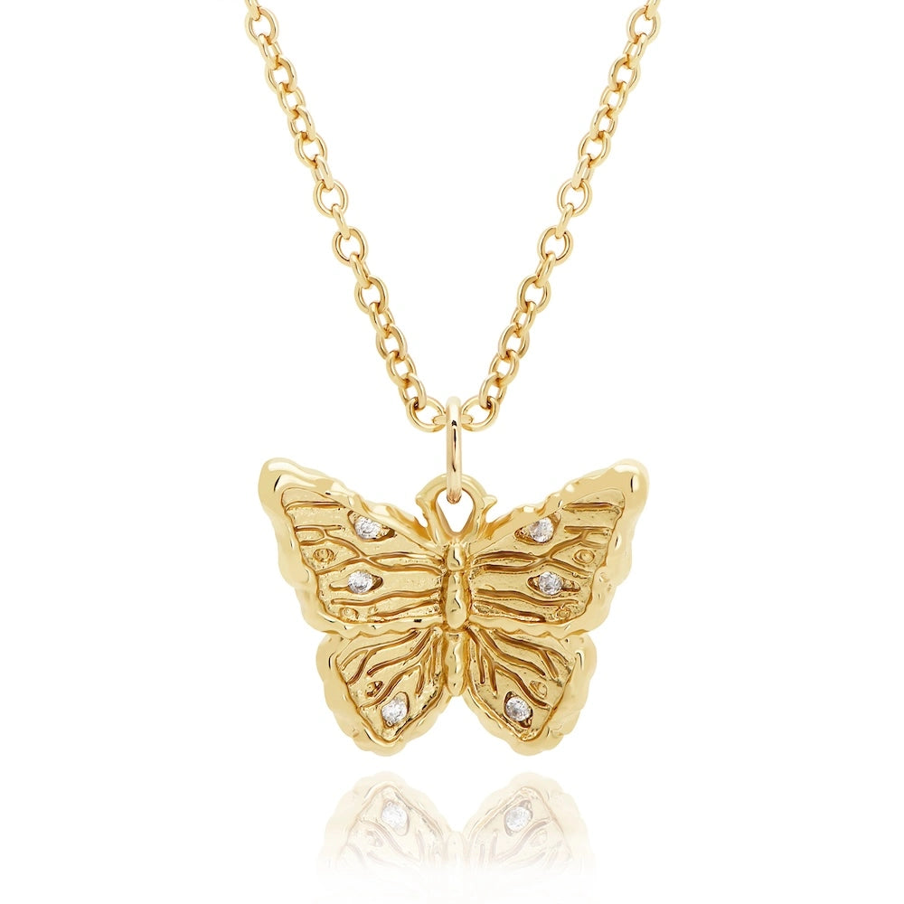 Dainty gold butterfly pendant necklace with cubic zirconia stones, 18k gold-plated recycled brass