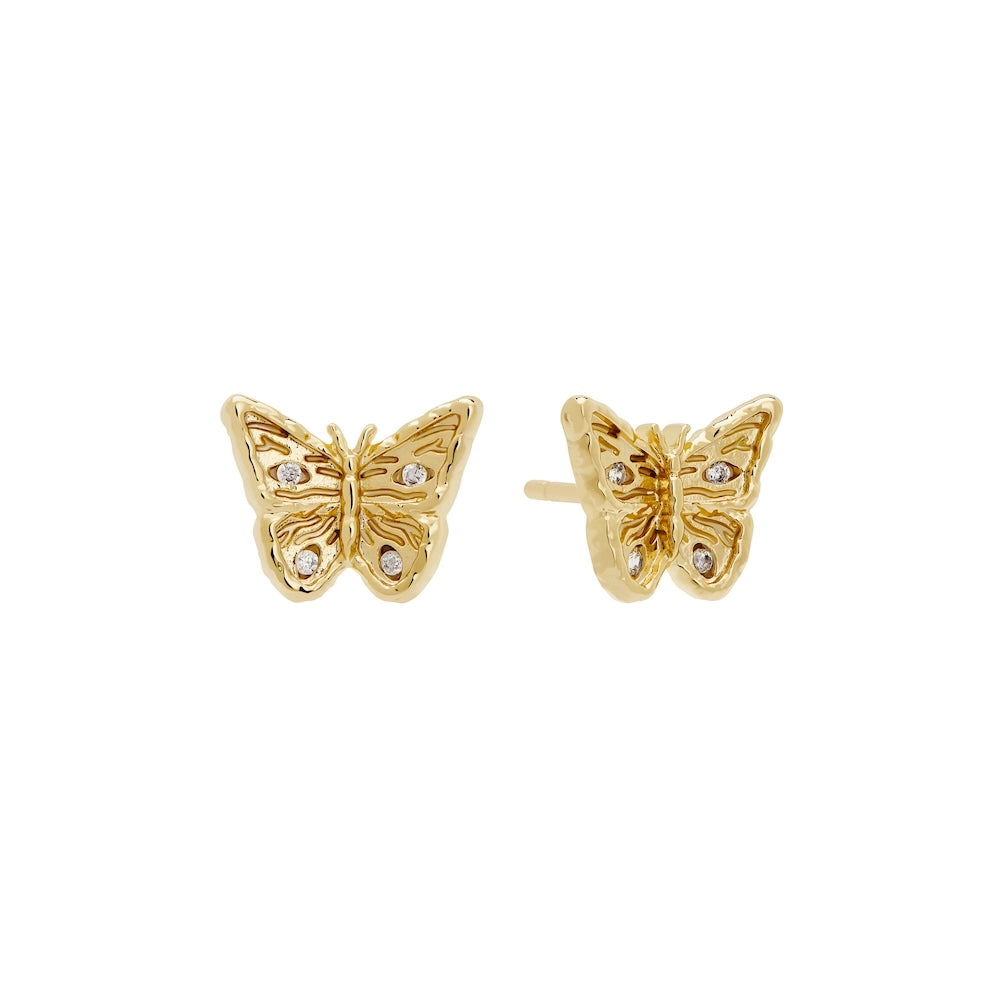 Gold butterfly stud earrings with cubic zirconia stones, 18k gold-plated recycled brass, 10mm