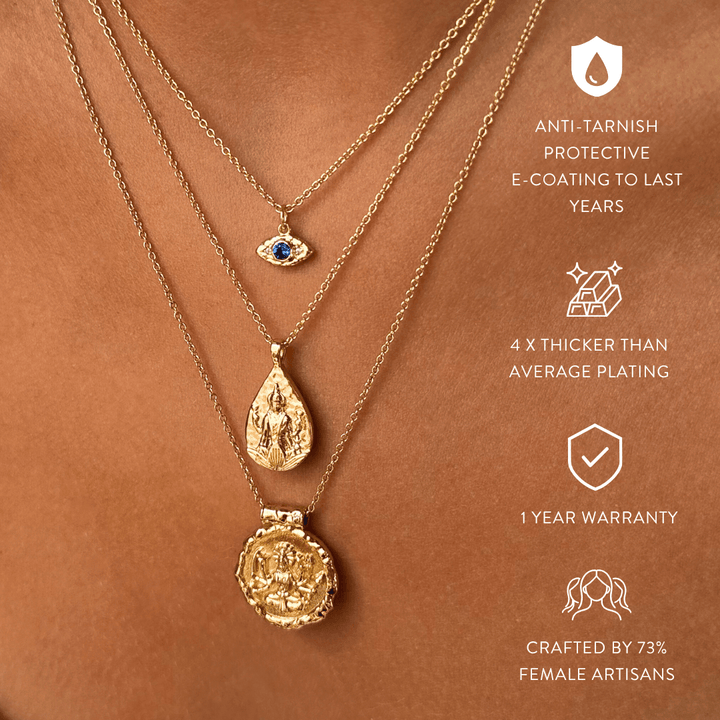 18k plated gold Hindu goddess Lakshmi and Durga necklace for women featuring divine gold jewellery by Rani and Co