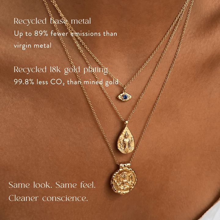 Goddess Durga and Lakshmi necklace set layered in recycled 18k gold plating with an evil eye pendant