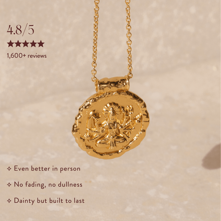 Gold pendant necklace featuring Hindu goddess Durga in 18k plated finish by Rani and Co womens jewellery