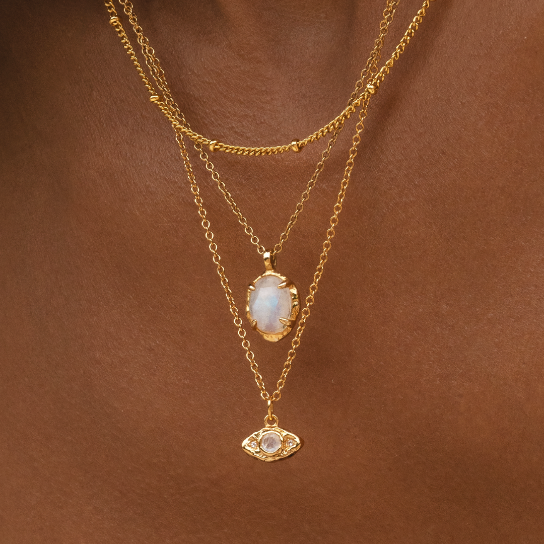 Limited Edition Evil Eye Moonstone Necklace with natural moonstone on recycled 18k gold chain.