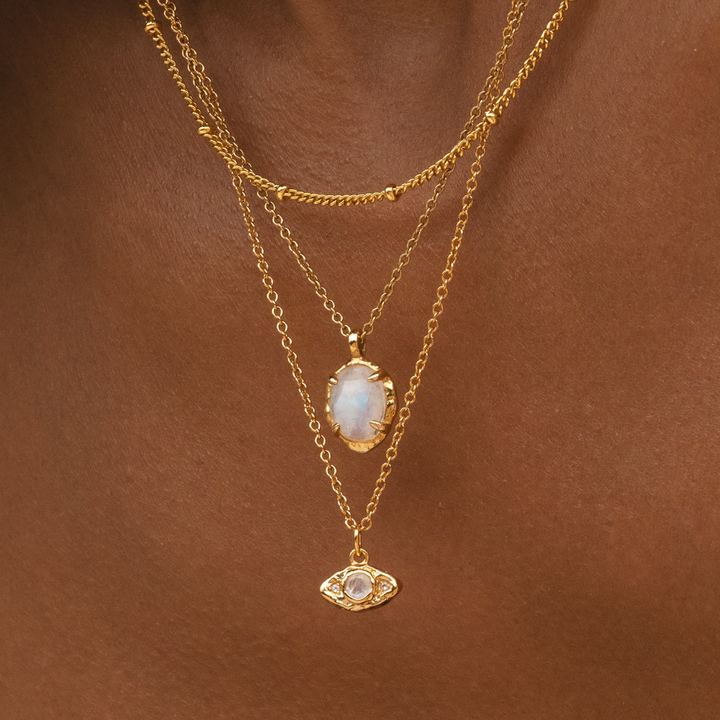 Limited Edition Evil Eye Moonstone Necklace with natural moonstone on recycled 18k gold chain.