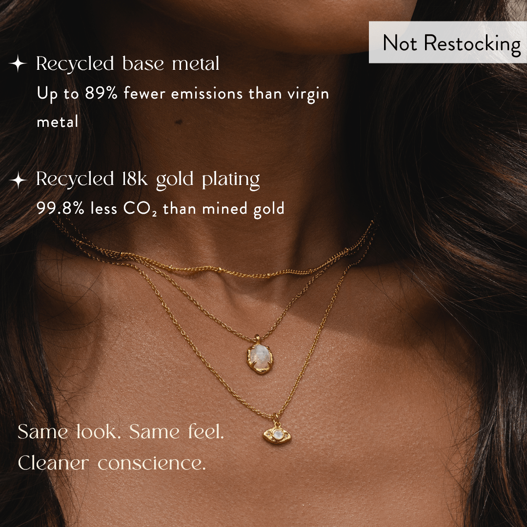 Limited Edition Evil Eye Moonstone Necklace crafted from recycled 18k gold-plated recycled brass.