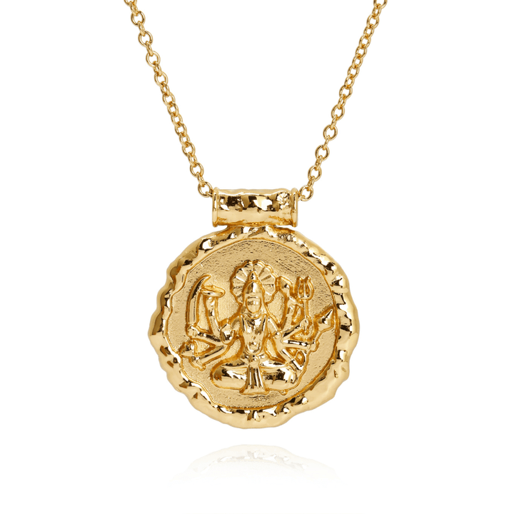Gold pendant necklace featuring Hindu goddess Durga in 18k plated finish by Rani and Co womens jewellery