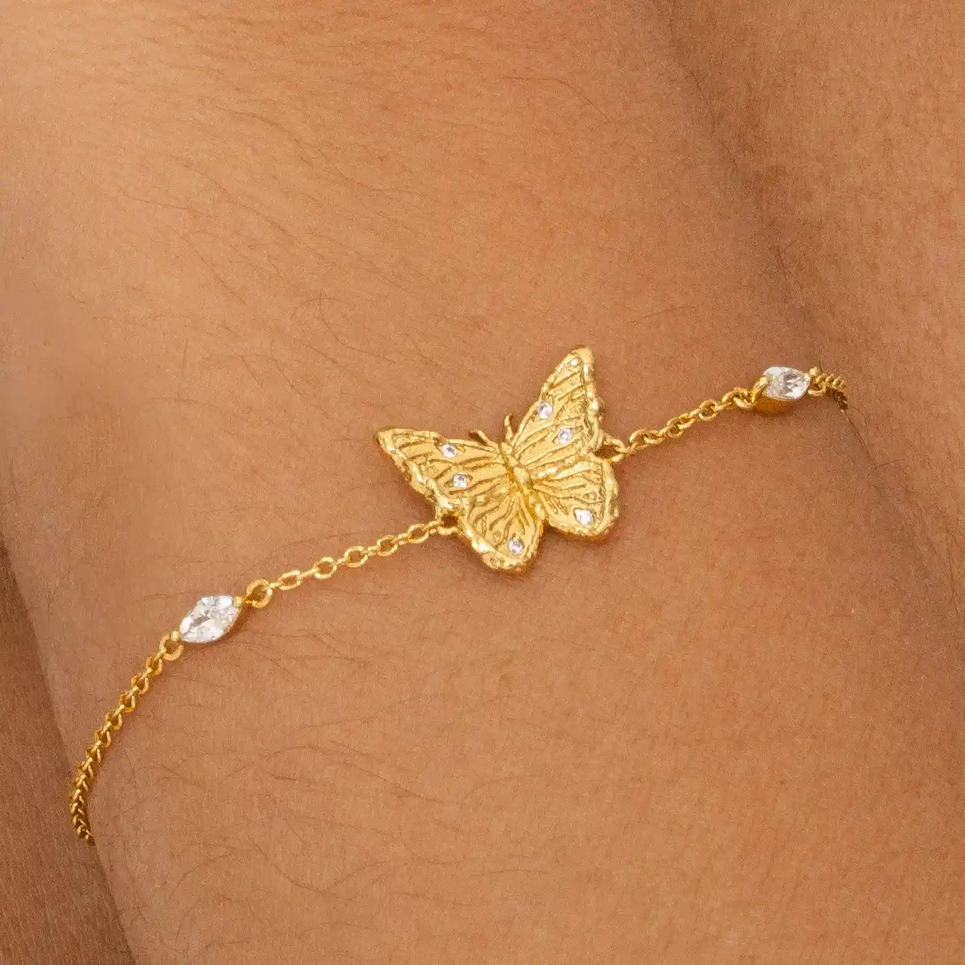 Dainty gold butterfly bracelet with CZ accents, adjustable chain 160mm, hypoallergenic jewellery