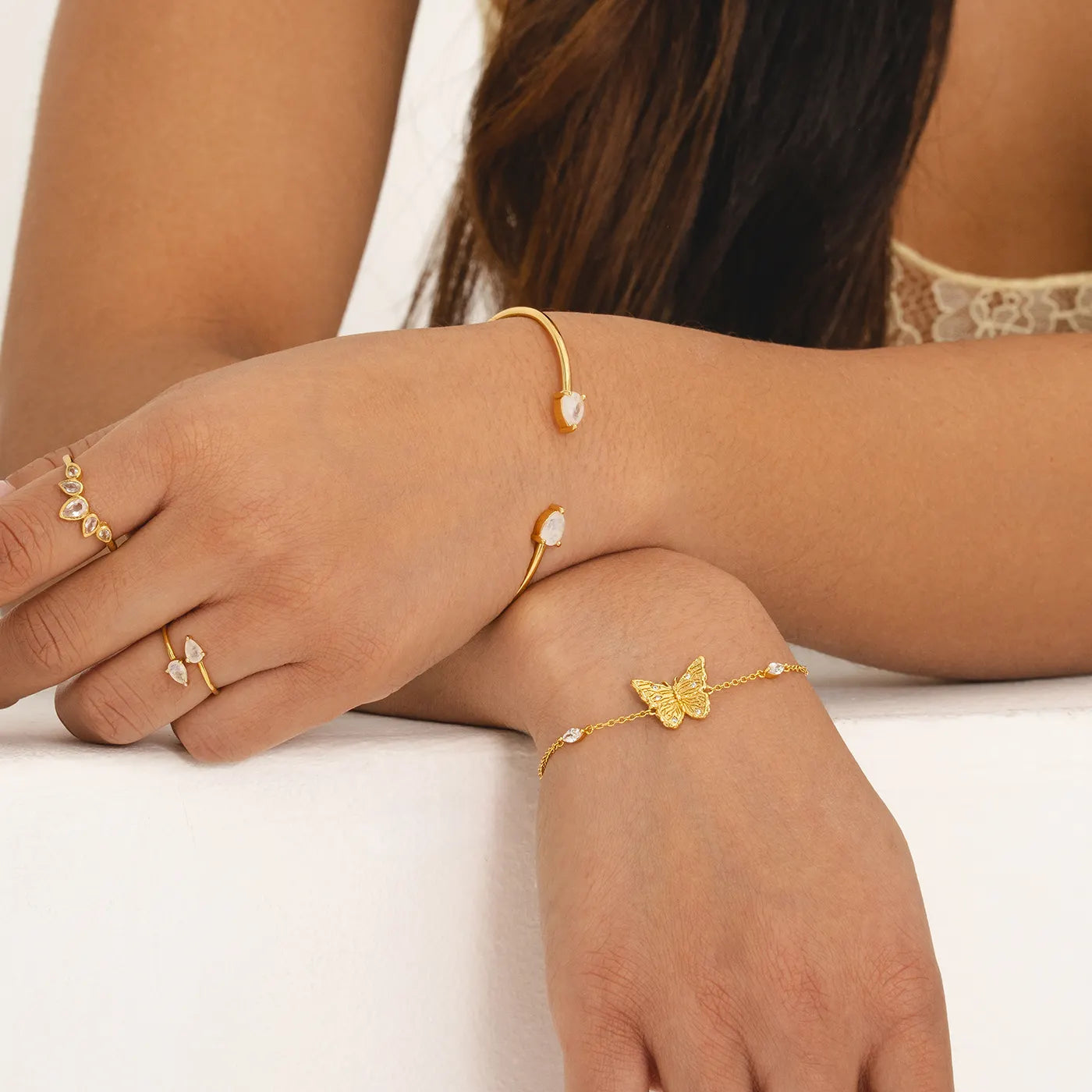 Adjustable gold butterfly bracelet with CZ diamond-style stones, recycled brass transformation gift