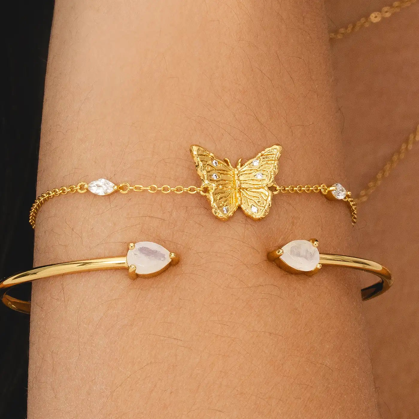 Delicate gold chain butterfly bracelet with cubic zirconia, recycled brass, adjustable extender