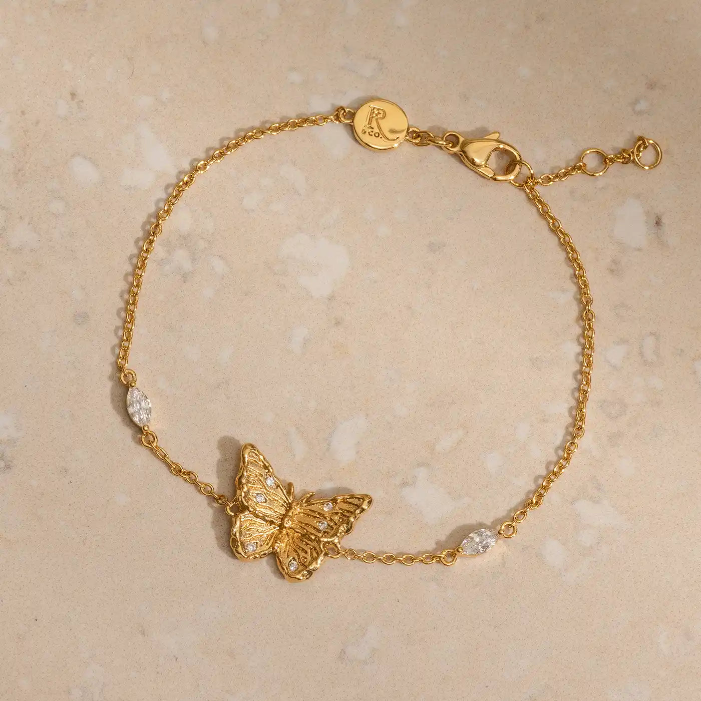 Minimalist gold butterfly bracelet, 18k gold-plated recycled brass, hypoallergenic CZ jewellery