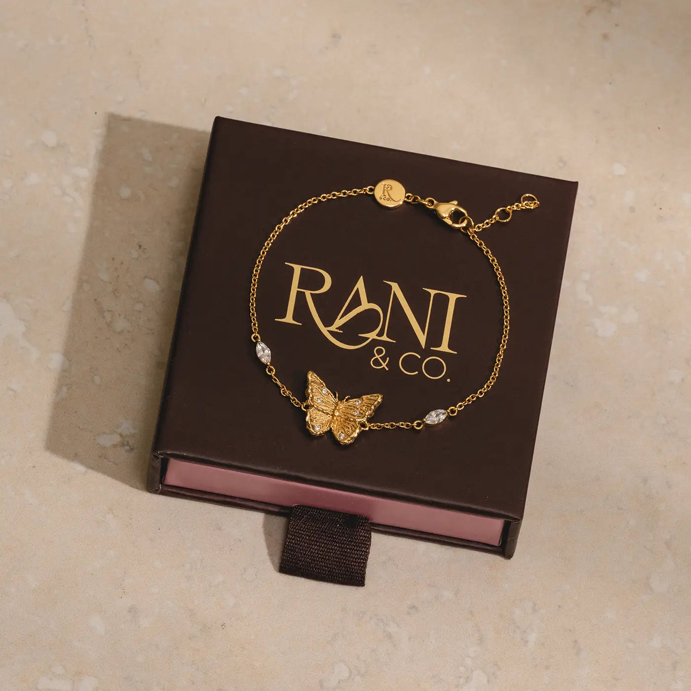 Gold butterfly bracelet with sparkling CZ stones, adjustable chain, sustainable nickel-free gift