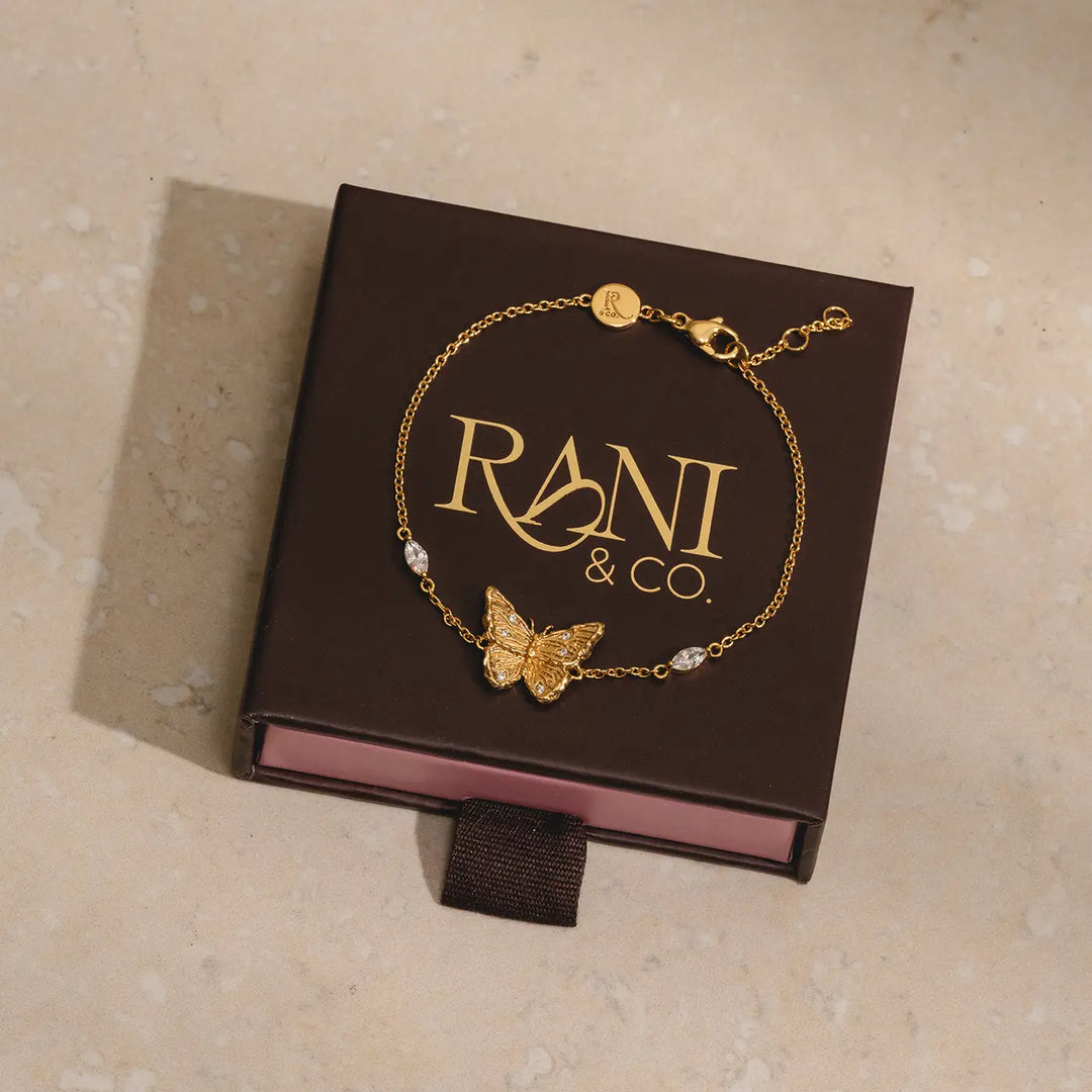 Gold butterfly bracelet with sparkling CZ stones, adjustable chain, sustainable nickel-free gift