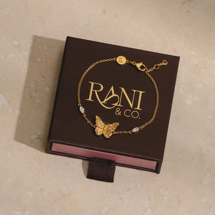 Gold butterfly bracelet with sparkling CZ stones, adjustable chain, sustainable nickel-free gift