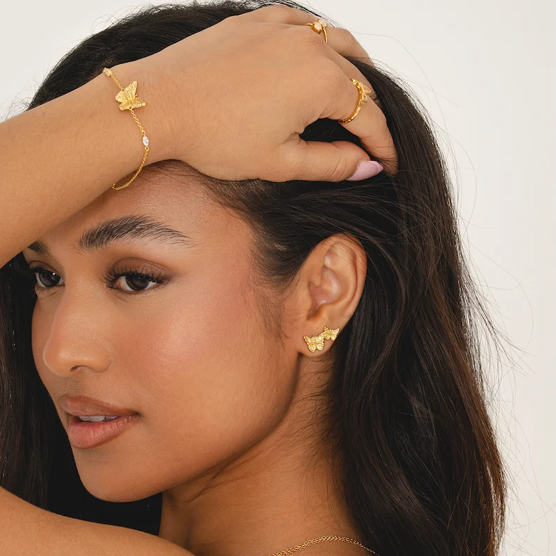 Women's gold butterfly climber earrings, 17mm stacked butterfly studs, hypoallergenic gift jewellery