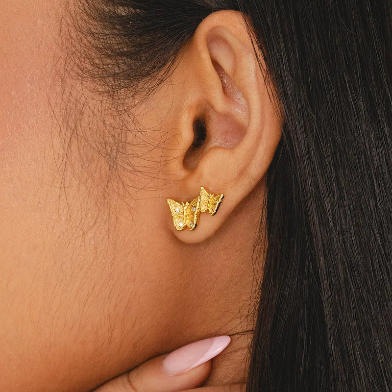 18k gold-plated double butterfly stud earrings with filigree wings and sparkling cubic zirconia