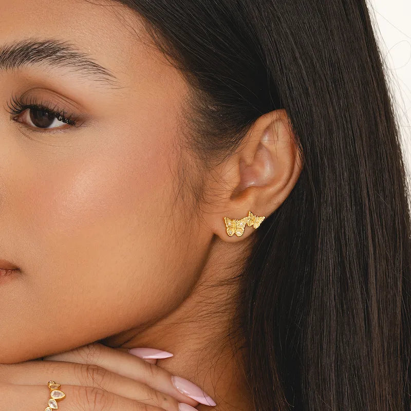 Double butterfly ear climber studs, recycled 18k gold-plated brass with cubic zirconia stones