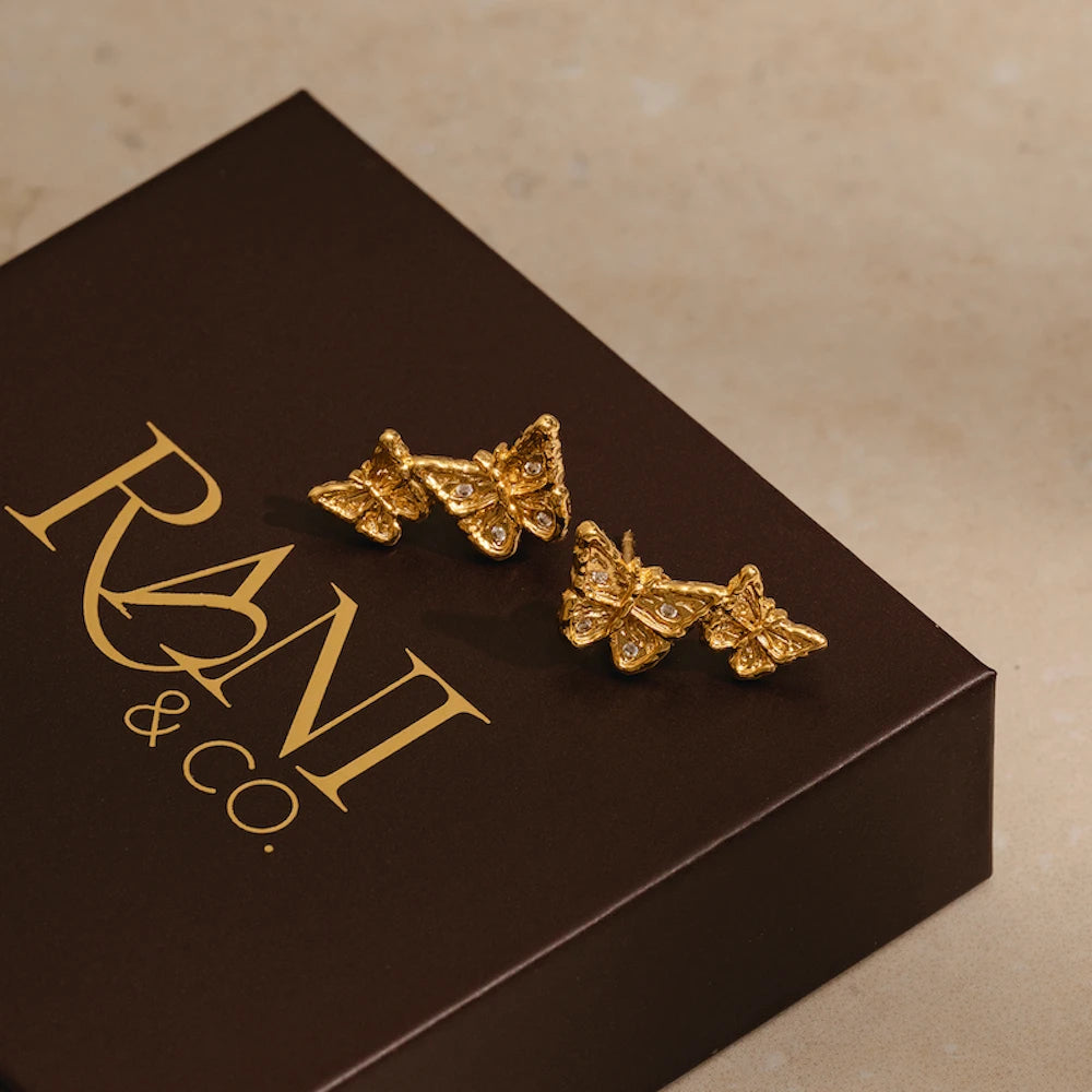 Recycled 18k gold double butterfly climber earrings, cubic zirconia studs, hypoallergenic nickel-free