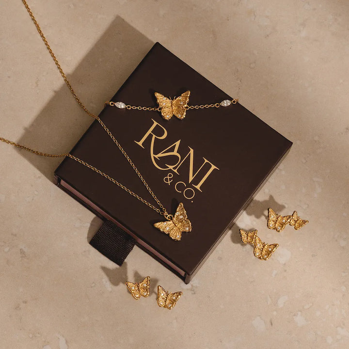 Recycled 18k gold butterfly charm necklace, 12mm pendant with CZ stones, adjustable chain