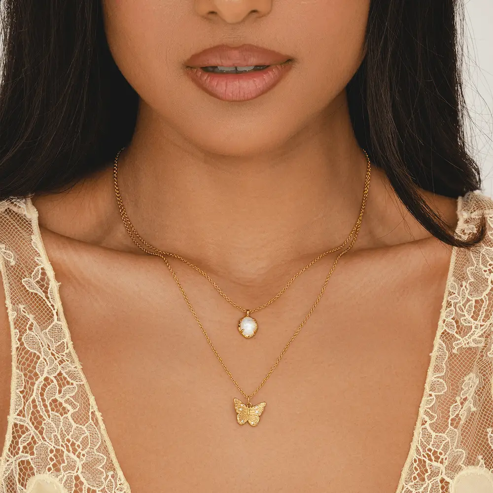 18k gold-plated butterfly pendant necklace with CZ accents, recycled brass, nickel-free chain