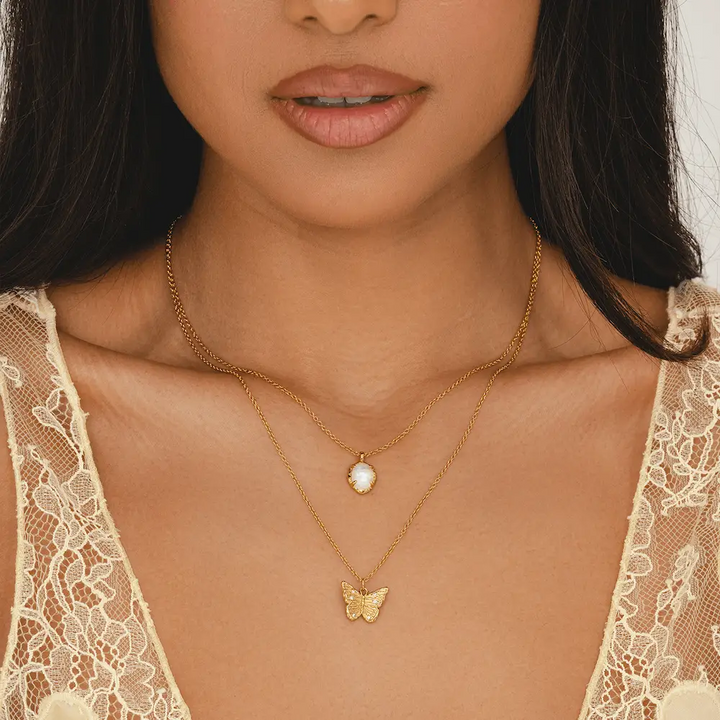 18k gold-plated butterfly pendant necklace with CZ accents, recycled brass, nickel-free chain