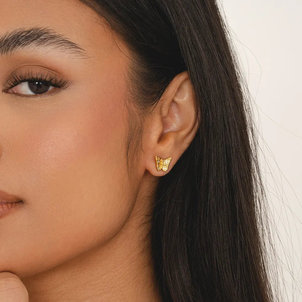 Recycled 18k gold butterfly stud earrings with sparkling cubic zirconia, 10mm dainty jewellery