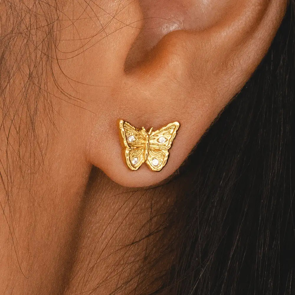 Dainty gold butterfly earrings with diamond-style CZ studs, hypoallergenic, nickel-free jewellery